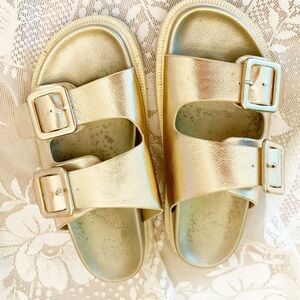 MIA Metallic Gold Double-Buckle Slide Sandals